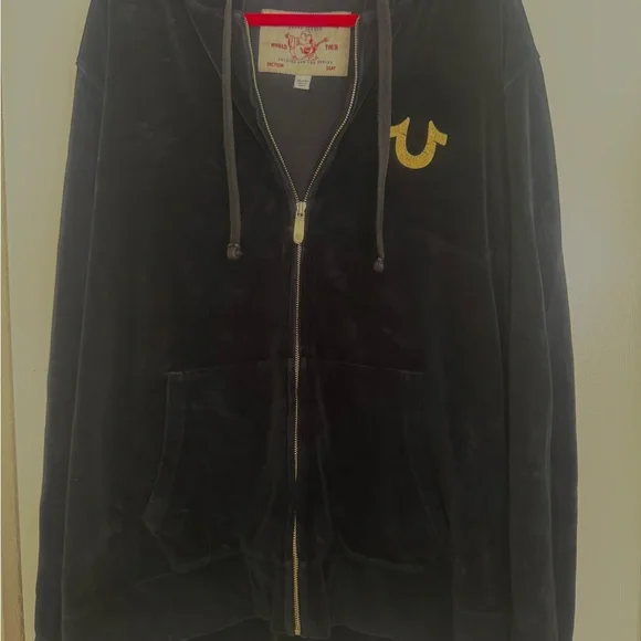 EUC Mens True Religion Black Velvet Zip Up Jacket Gold Logo Hoodie Size 3XL - Picture 1 of 5